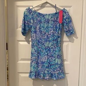 Lilly Pulitzer Blue and Green Off-Shoulder Skort Romper Girls Sz XL 12-14